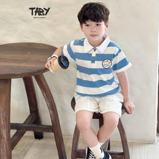  Set polo kẻ cộc tay in hình ngộ nghĩnh cho bé trai, chất liệu áo cotton phối quần kaki 8-27kg TH24B050