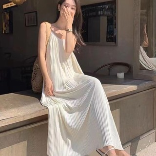 Đầm dài có dây thắt lưng phong cách Hàn Quốc mùa hè 2024 mới thời trang đơn giản dáng rộng không tay màu trơn