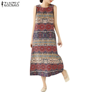Zanzea Nữ Hàn Quốc Váy dáng rộng không tay in chiều dài vừa phải