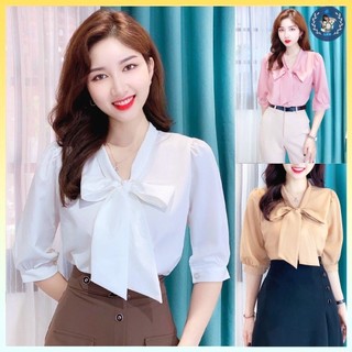 Áo sơ mi kiểu nữ kate lụa tay lửng cột nơ cổ siêu xinh và thanh lịch - l2m