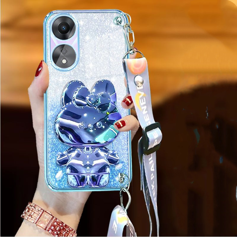 Ốp lưng OPPO A60 A38 A18 A58 A78 5G A98 5G A17 A17K A16K A16 A15S A15 Dây đeo cổ tay dài Phong cách vỏ điện thoại mềm có giá đỡ gương mỹ phẩm thỏ Ốp Điện Thoại OPPO A60 A38 A18 A58 A78 5G A98 5G A17 A17K A16K A16 A15S A15