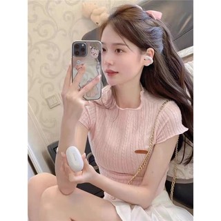 Yuewen Hồng Ngọt Ngào Chính Hãng Vai Ngắn Tay Dệt Kim Nữ Ngọt Cay Ngắn Mỏng-