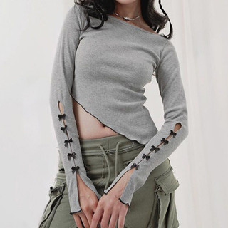 Nơ nữ rỗng ra màu tương phản viền cuộn cá nhân dài tay đường phố gợi cảm lộ rốn đa năng hàng đầu