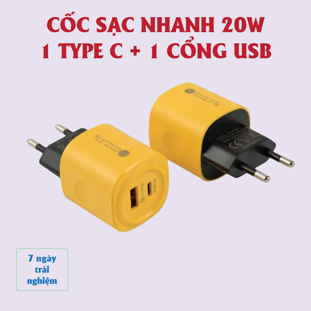 Củ sạc nhanh 2 in 1 gồm: 1 cổng Type C + 1 cổng USB – Củ sạc 2 cổng. Cốc sạc nhanh 2 cổng, Cáp sạc n