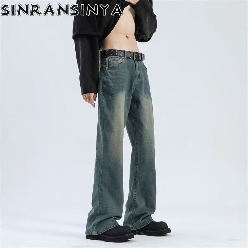 Sinransinya Mới phong cách đường phố cổ điển sang trọng rửa sạch và già, dần đổi màu, ống thẳng màu xanh đậm, vừa vặn rộng, quần jean thời trang dành cho thanh thiếu niên và cặp đôi