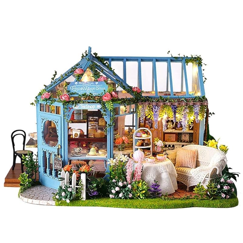 Miniature DIY Dollhouse Kit Set | Rose Garden Tea House/Cafe with LED Light + Acrylic Case + Music B