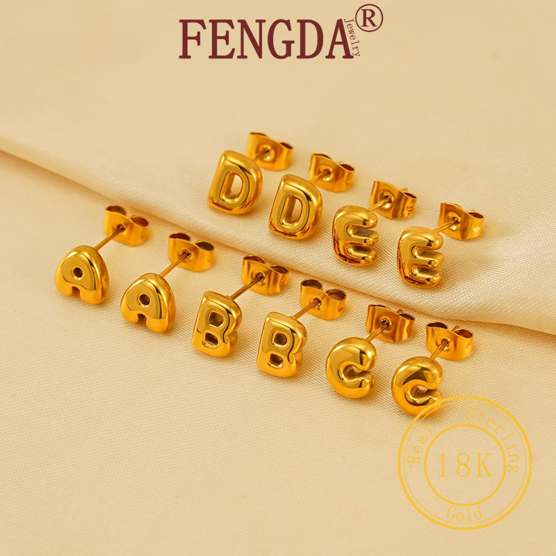 FENGDA Đơn Giản 26 Chữ Bông Tai Đính Mạ Vàng 18K Bong Bóng mini Chữ Bông Tai Cao Cấp