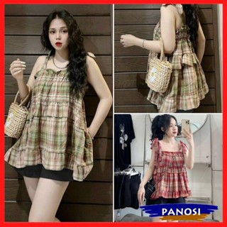 Áo hai dây babydoll nữ áo 2 dây kẻ caro viền bèo hottrend chất thô mềm mát PANOSI - A107
