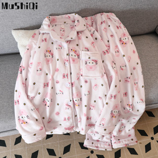 MUSHIQI Whimsy Bộ đồ ngủ mùa thu đông dành cho nữ flannel dài tay nút chim cánh cụt đồ ngủ