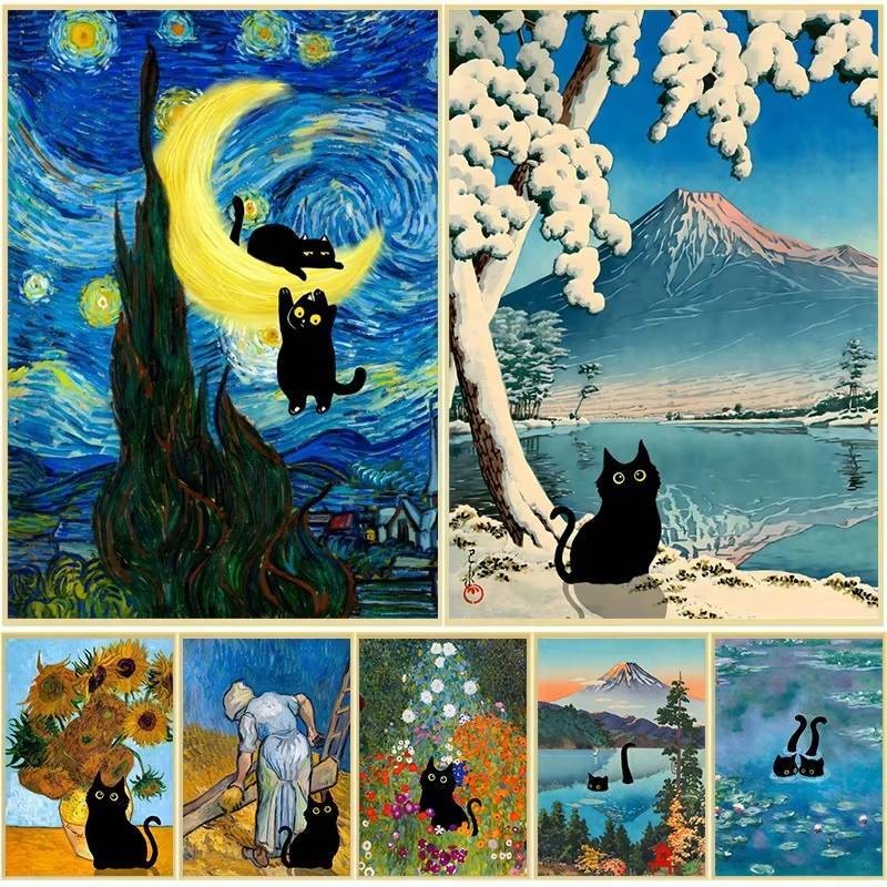 Van Gogh Đêm Đầy Sao Hoa Hướng Dương Mèo Đen Tranh Sơn Dầu Canvas Tranh Trang Trí Monet Mèo Nước Lil