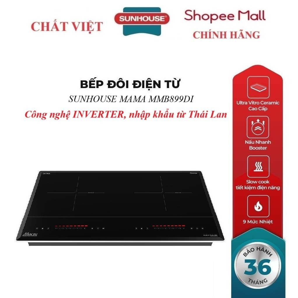 BẾP ĐÔI ĐIỆN TỪ SUNHOUSE MAMA MMB899DI, Công nghệ INVERTER, tổng công suất 
4400W, Mặt kính Ultra Vi