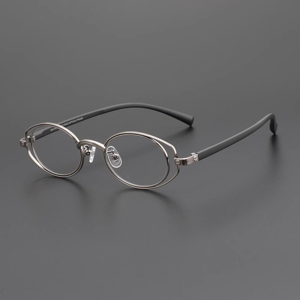 Kính mắt gọng kim loại retro hình oval, gọng đôi không đều, gọng kính thiết kế unisex