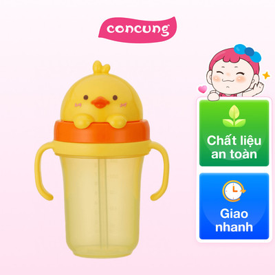 Bình tập uống ống hút chống tràn 3D Edison (300ml, vịt vàng)