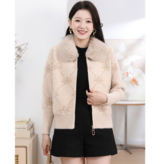  Áo khoác len nữ trung niên giả lông chồn cổ lông to cao cấp thu đông  277  