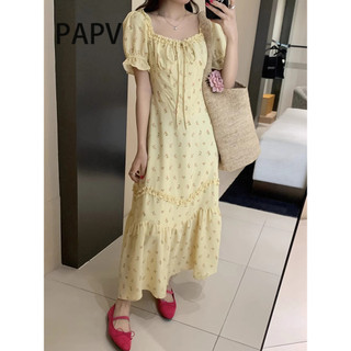 Papv Chic Cổ Vuông Nấm Cạnh Buộc Bong Bóng Tay Áo Đầm Hoa 3936