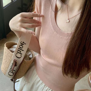 Áo thun ngắn tay dệt kim lụa băng nữ mùa hè 2024 Thiết kế phong cách mới Cổ tròn eo cao Slim-fit phong cách ngắn Cro