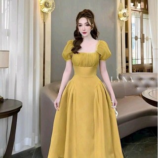 Đầm dự tiệc tay phồng xếp ly kiểu trơn duyên dáng Nữ Women