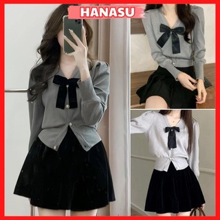  SET bộ nữ tiểu thư áo cổ V dài tay phối nơ cúc đồng ngọt ngào mix chân váy xoè dáng ngắn chất nhung cao cấp A843- HANASU 