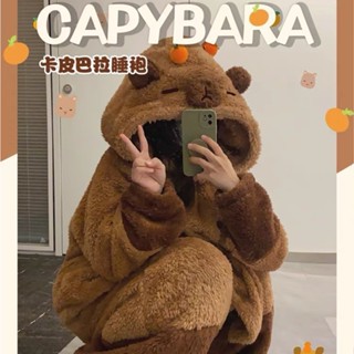 Capybara Bộ Đồ Ngủ Nữ Mùa Đông Mới Có Mũ Trùm Đầu Lông Cừu San Hô Hoạt Hình Phong Cách Dễ Thương Váy Ngủ