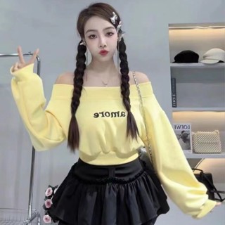 Áo Hoodie nữ thêu chữ lệch vai mùa xuân Hàn Quốc dáng rộng ngắn mỏng