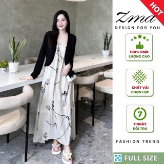 Đầm bầu thiết kế set hai dây kèm áo khoác len họa tiết hoa style vintage dự tiệc công sở thời trang