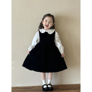 Váy liền nhung cho bé gái trang phục mùa thu Áo Sơ Mi Cổ Búp bê trẻ em nhỏ kiểu Tây Phong Cách Hàn Quốc mẫu mới Bộ váy vest đen