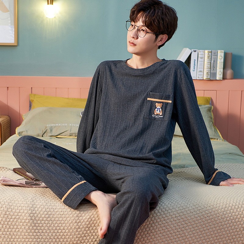 Bộ đồ ngủ nam xuân thu đông bằng vải Cotton dài tay Bộ đồ hai mảnh, cỡ lớn dáng rộng dành cho nam thanh niên, đồ mặc nhà thông thường