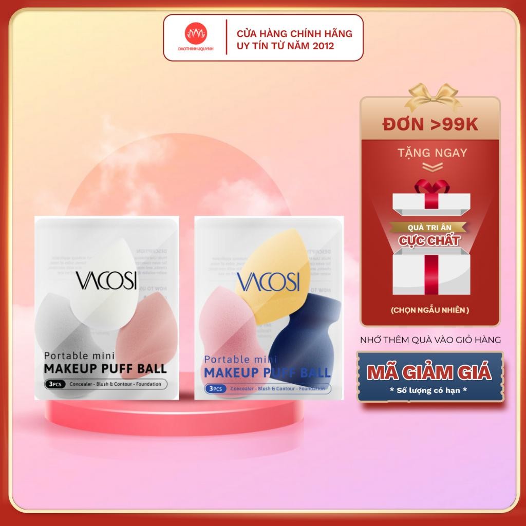 Set 3 bông Vacosi trang điểm mini blender - Vacosi Portable Mini Makeup Puff Ball PH05 - 01 - 02