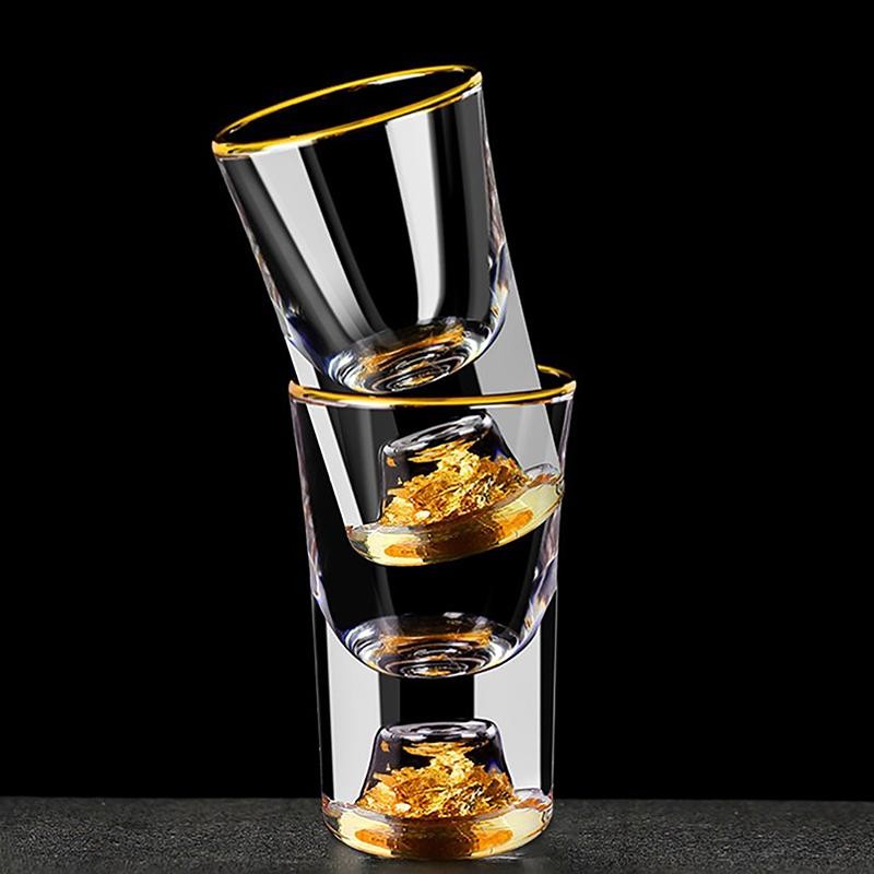 [8c15] Crystal Glass Vodka Glass Sake Shochu Glass Bar Rượu mùi đôi đáy vàng Cốc trà thủy tinh Quà t