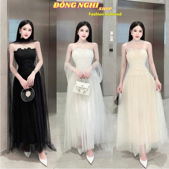 QC_ Đầm váy dài, đầm đi tiệc, váy dự tiệc, váy dài sang trọng Ren phối lưới dáng dài không tay