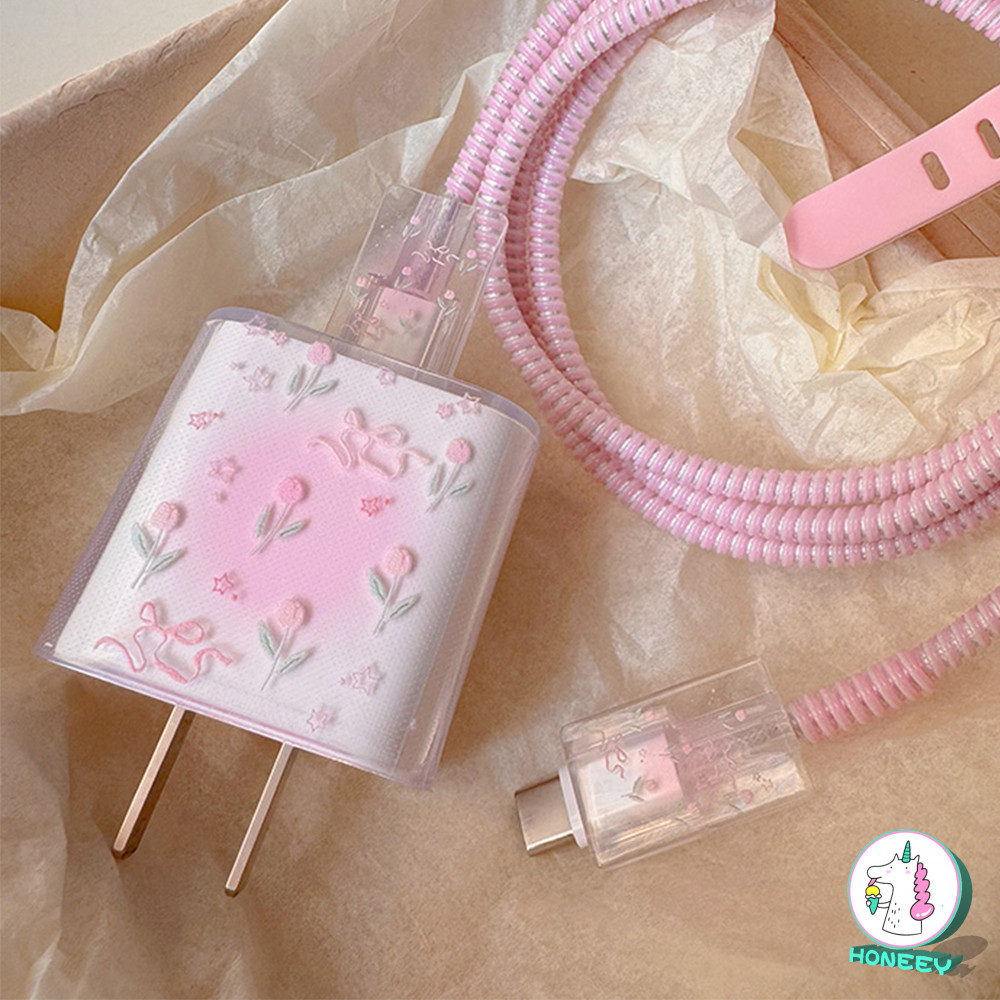 INS Girly Pink Flower Clear Charger Protector Cover cho iPhone 18 20W Data Line Winder Chống đứt cáp