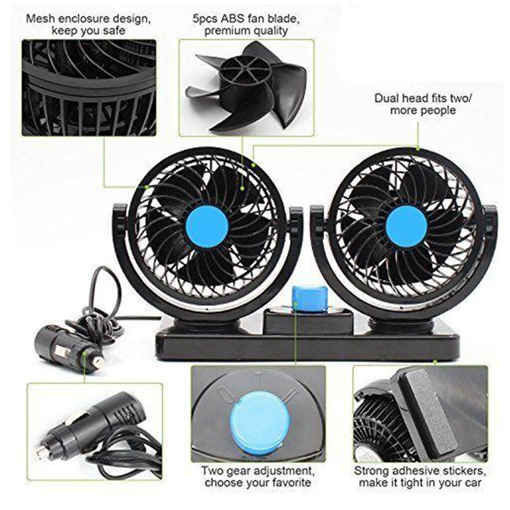 Quạt mini ô tô đơn đôi gắn taplo 5V 12V 24V quay 360 độ siêu mát để bàn phù hợp các loại xe | BigBuy360 - bigbuy360.vn