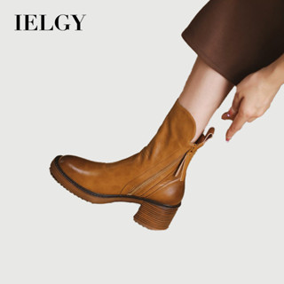 Giày bốt ngắn màu nâu thô IELGY dành cho nữ có dây kéo bên hông phong cách Anh, bốt Martin mũi tròn cổ điển