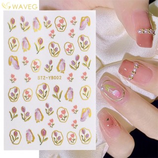 Wave Nhãn dán làm móng tay Tulip Làm móng tay Trang trí móng tay phổ biến Nhãn dán móng tay màu xanh hoa tulip mạ vàng
