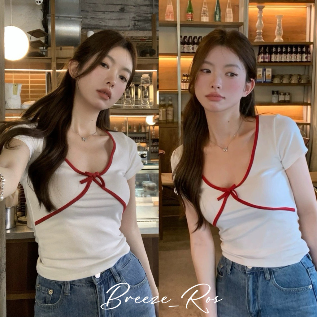 BREEZE_ROS Áo Thun Nữ Màu Tương Phản Thường Ngày Áo Sơ Mi Mỏng Tay Ngắn Mùa Hè