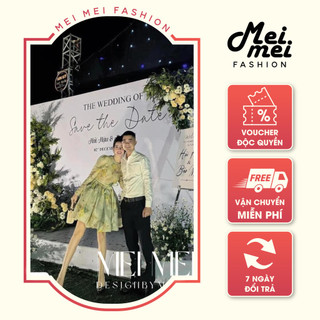 Váy hoa xanh cổ đính đá buộc nơ eo tiểu thư, đầm hoa xanh họa tiết cổ tròn đính đá tay bồng Mei Fashion V12667