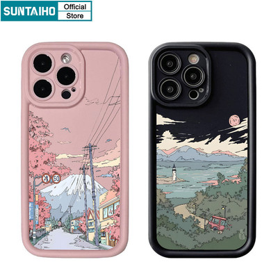 Suntaiho Thẩm Mỹ Độc Đáo Vỏ Điện Thoại Họa Tiết Núi Sakura Cho Iphone 15 14 12 13 11 Pro Max IP 7 8 Plus Iphon X Xs XR Xs Max Silicone Mềm Cao Cấp Chống Sốc Ốp Lưng