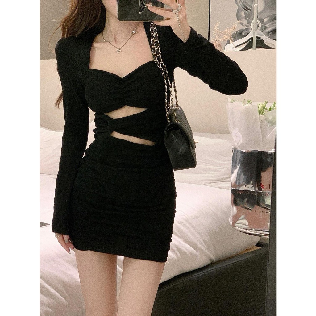 Đầm váy nữ ôm body khoét eo dáng ngắn thiết kế nhún ngực sang chảnh quyến rũ hàng QC GOLALA SP06