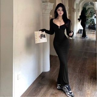 Váy hông dài tay eo bó sát đuôi cá khí chất giảm béo váy dài mỏng