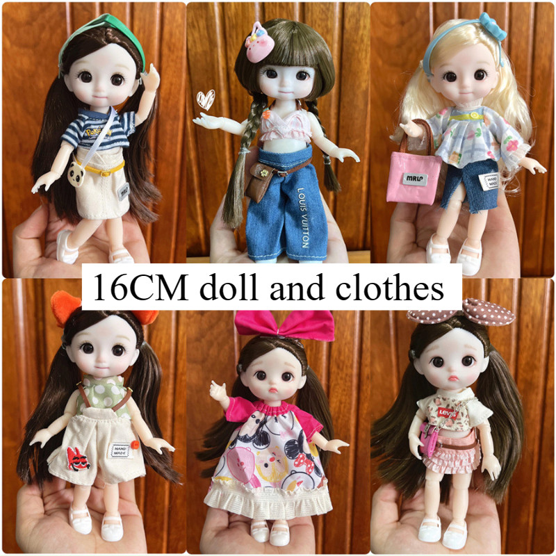 Búp bê và quần áo 16cm với búp bê đồ chơi bé gái mặt tròn có thể di chuyển được