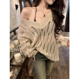 Suxi Gợi Cảm Mỏng Rời Thường Ngày Retro Pháp Mới Thu Đông Cổ Chữ V Áo Len Dệt Kim Không Tay Áo Len Nữ 240726