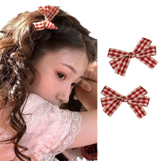 Kẹp tóc nơ ca rô màu đỏ mới Kẹp tóc dễ thương 1 mảnh