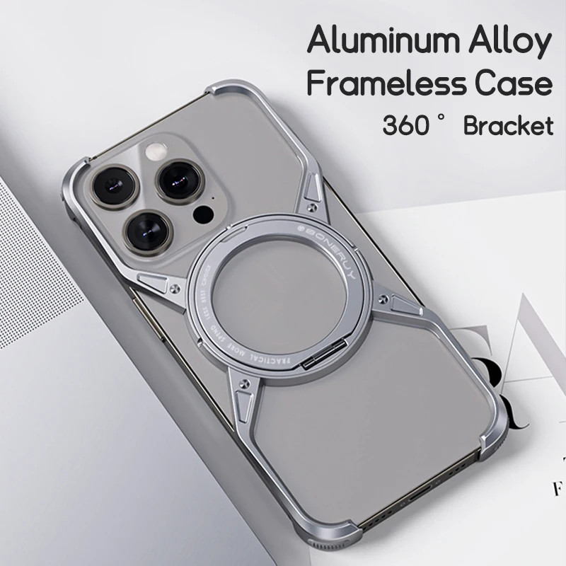 Magnetic Metal Aluminium Alloy Frameless Phone Case For iPhone 14 13 15 Pro Max With 360° Stand Anti Drop Shockproof Metal Cover