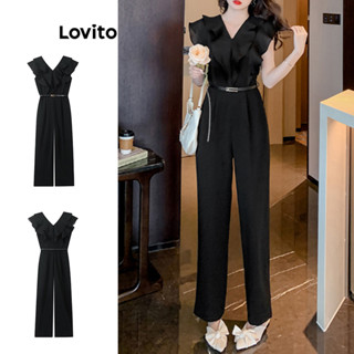 Áo liền quần Lovito xếp nếp có thắt lưng màu trơn thời trang thường ngày cho nữ LNE67586