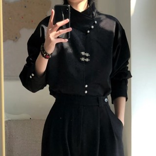 Mới Phong Cách Trung Quốc Ánh Sáng Phong Cách Quốc Gia Màu Đen Đứng Cổ Khóa Ruffian Đẹp Trai Cao Cấp Trẻ Đường Phù Hợp Với Phiên Bản Cải Tiến Áo Sơ Mi Hanfu Nam