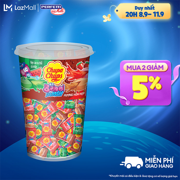 Kẹo cao su gum thổi có nhân Chupa Chups Big Babol Sploosh (Hũ 74 viên) hương dưa hấu, dâu, cola