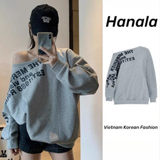 Áo hoodie  trễ vai dài tay nữ màu xám in chữ kiểu Mỹ Áo Trễ Vai rộng rãi mùa xuân thu cho nữ