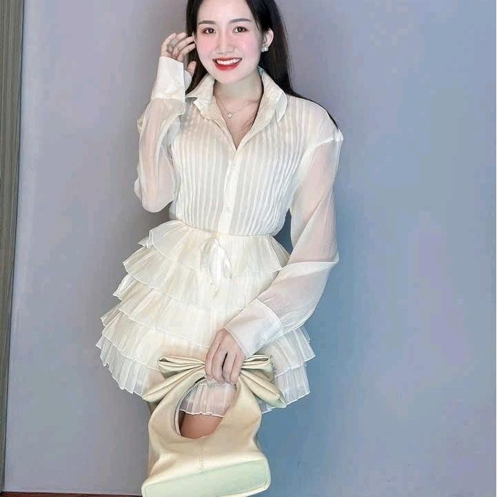 sét váy thiết kế áo cổ bẻ dài tay xếp ly tơ đũi 2 lớp, chân váy xếp tầng 2 lớp kèm dây nơ free size