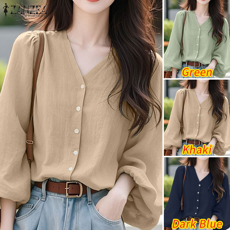 Zanzea Nữ Hàn Quốc Cổ Chữ V dáng rộng Nút áo dài tay màu trơn | BigBuy360 - bigbuy360.vn