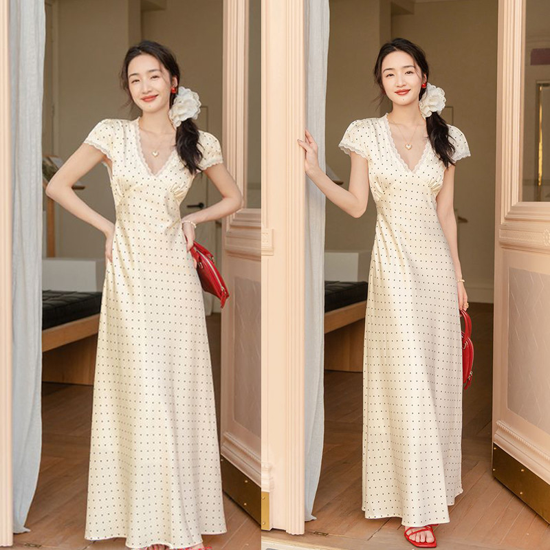 Đầm Satin Cổ Chữ V Ren Bimvara-White Chấm Bi - Đầm Boho Sang Trọng Cho Nữ Xuân Hè Flowy Boho Sang Tr